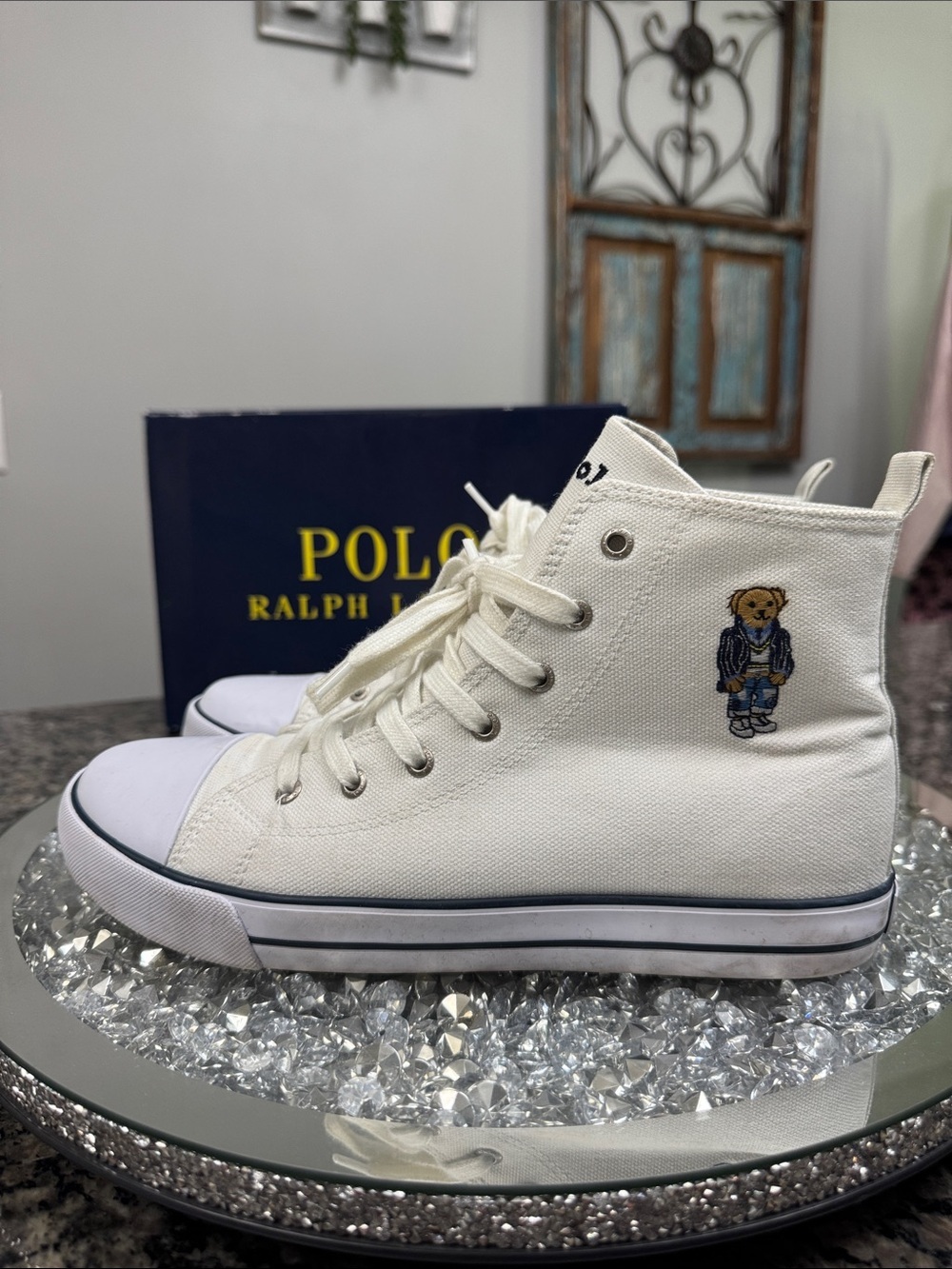 Polo by Ralph Lauren White High-Top Canvas Sneakers with Bear Embroidery 6.5
